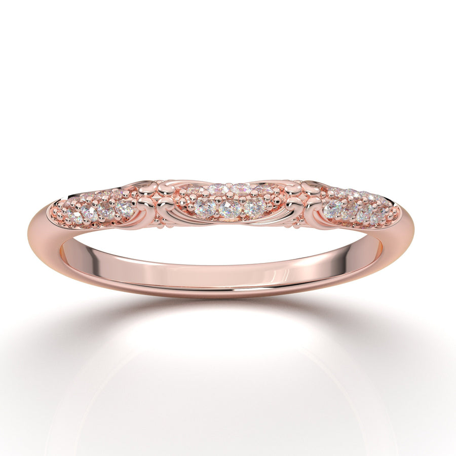 Rose Gold Wedding Band, Diamond Ring For Women, Vintage Band, Curved Contour Band, Art Deco Ring, Antique Matching Ring, Stackable Ring Her