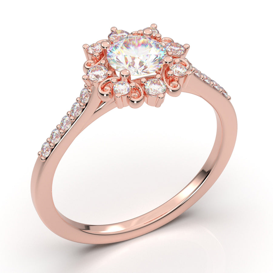 Rose Gold Vintage Halo Engagement Ring Dainty Scroll Filigree Ring Vintage Ring Unique Antique Art Deco Ring Forever One Round Moissanite