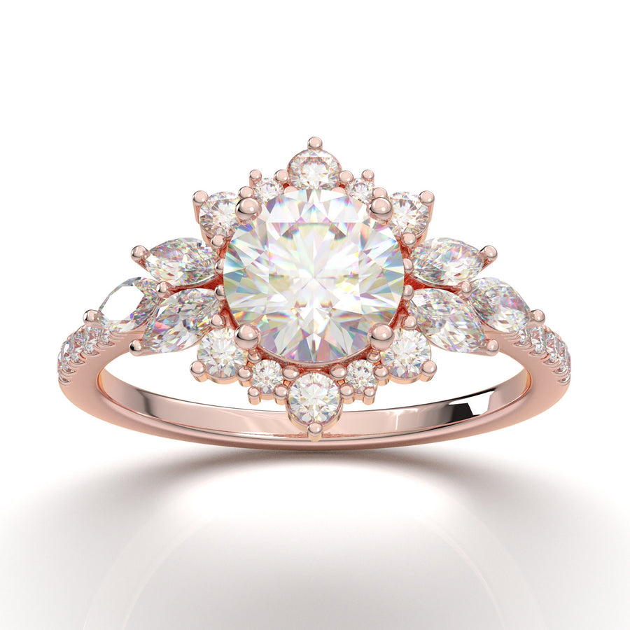14K Engagement Ring, Round Halo Ring, Rose Gold Wedding Ring, Vintage Art Deco Ring, Promise Ring, Genuine Diamond Ring, Moissanite Ring