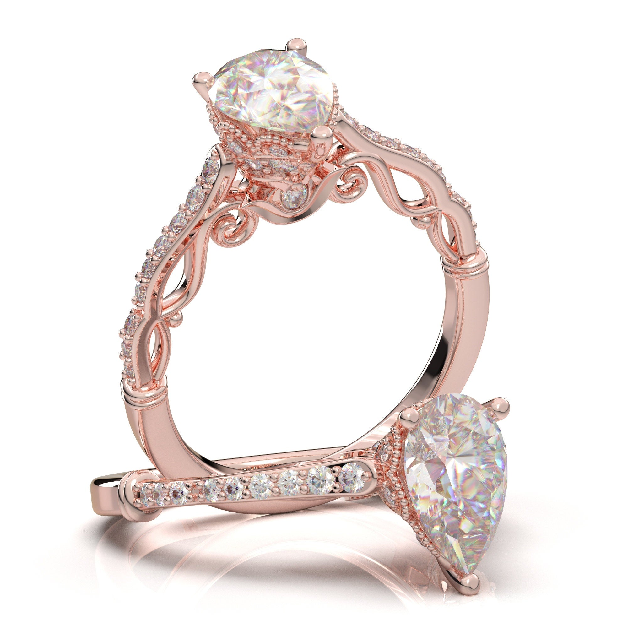 Vintage Rose Gold Wedding Band Curved Moissanite Wedding Ring - Oveela  Jewelry