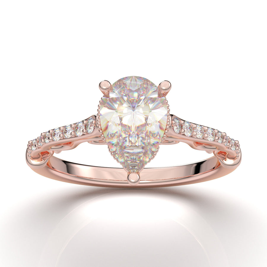 Rose Gold Unique Vintage Ring Pear Shape Art Deco Crown Engagement Ring Filigree Ring Milgrain Round Forever One Colorless Ring for Her
