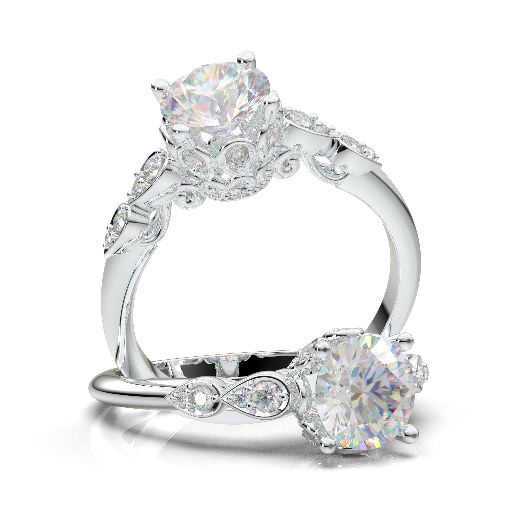 14K White Gold Carat Moissanite Vintage Engagement Ring