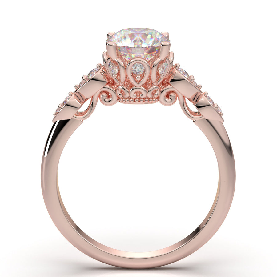 14K Solid Rose Gold Diamond Ring- 1 Carat Moissanite Engagement Ring- Vintage Diamond Ring- Art Deco Promise Ring- Anniversary Gift For Her