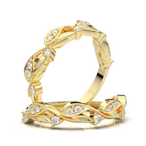 Moissanite Wedding Ring, 14K Rose Gold Wedding Band, Floral Engraved Band Ring, Botanical Ring, Vintage Milgrain Ring, Wedding Gift For Her