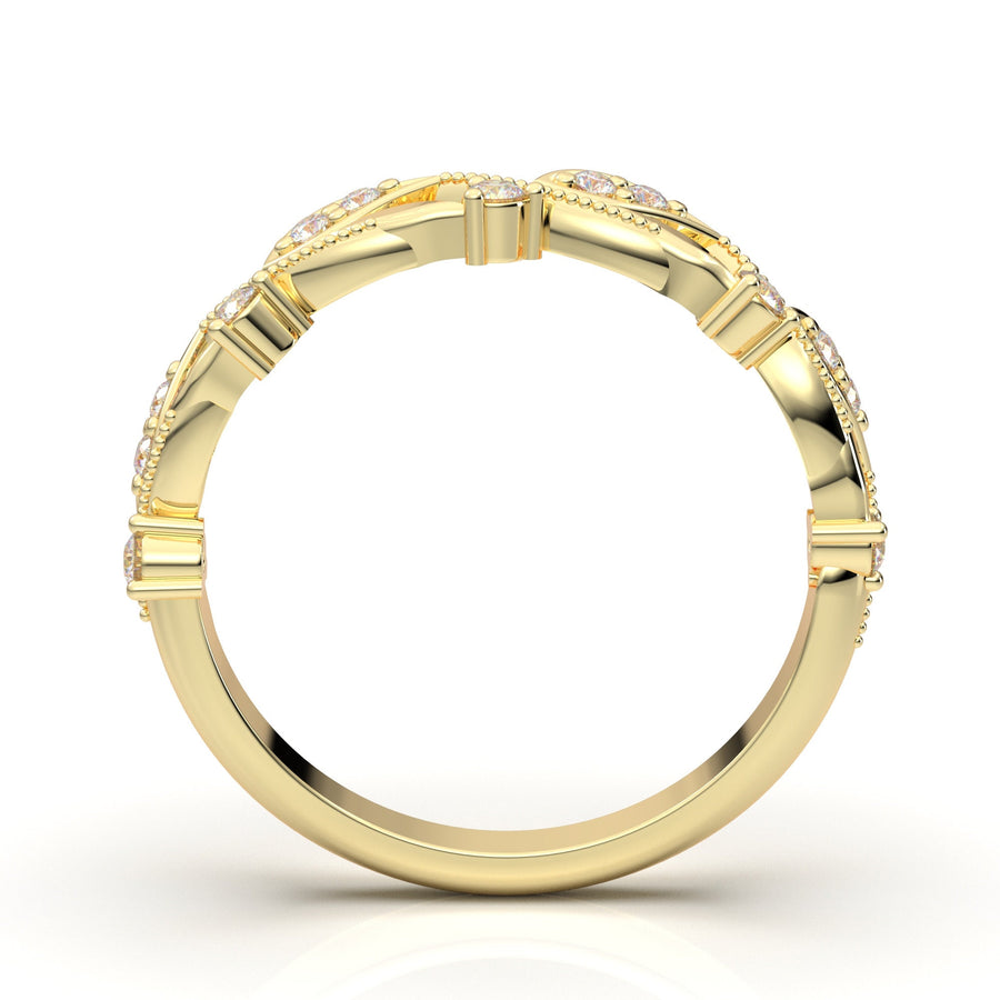Moissanite Wedding Ring, 14K Yellow Gold Wedding Band, Floral Engraved Ring, Botanical Ring, Vintage Milgrain Ring, Wedding Gift For Her