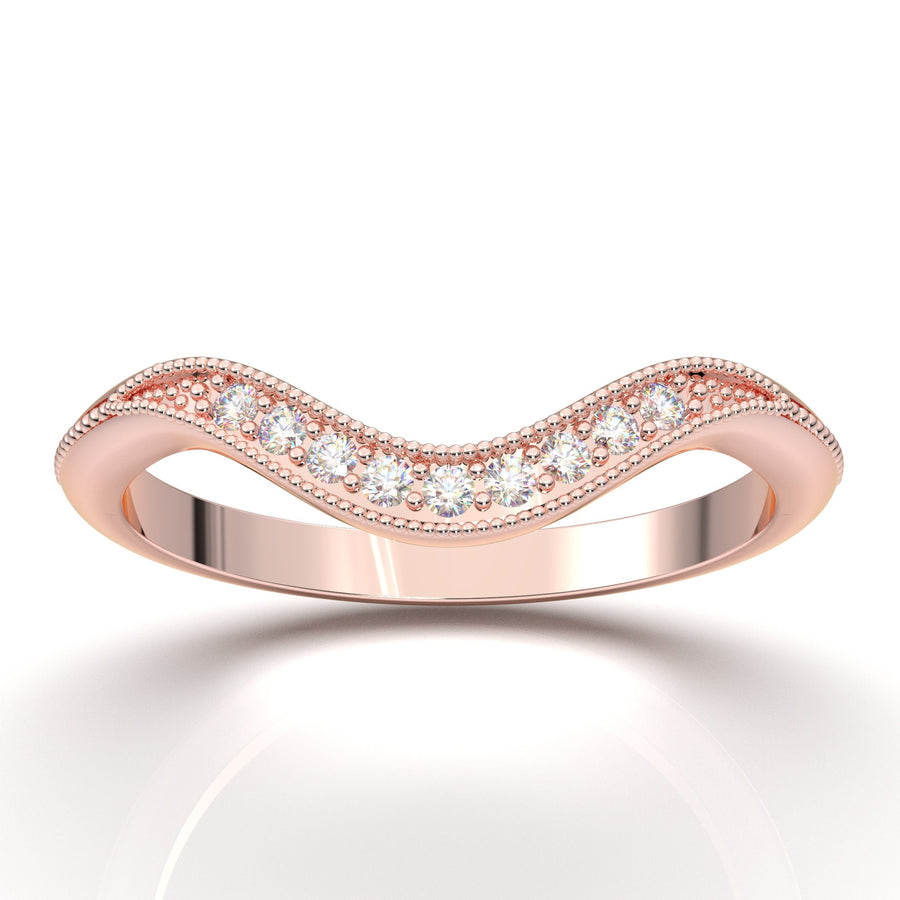 Rose Gold Curved Band Milgrain Vintage Stacking Diamond Ring Chevron Contour Band Crown Art Deco Unique Scroll Band Diamond Wedding Band