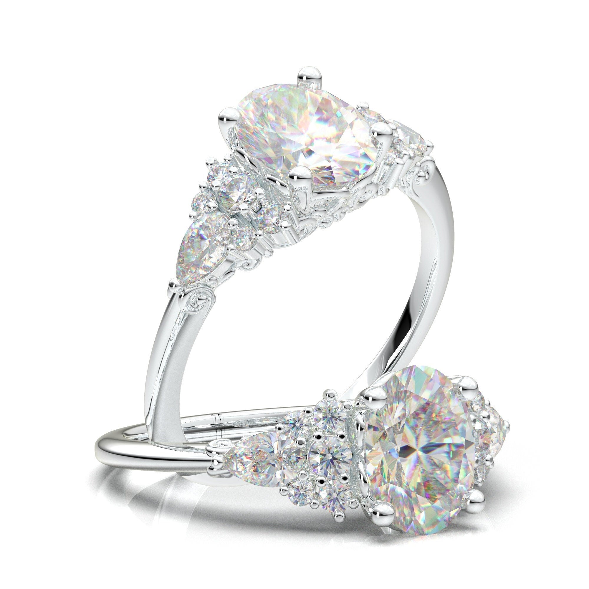 Vintage Oval Diamond Ring, White Gold Filigree Ring, Wedding Ring For