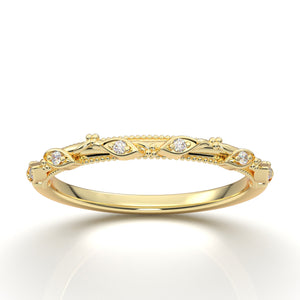 Floral Leaf Wedding Band, Diamond Wedding Ring, 14K Yellow Gold Wedding Band, Botanical Vine Ring, Dainty Vintage Ring, Wedding Gift For Her