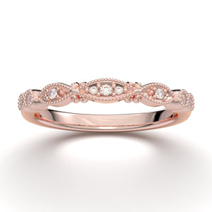 14K Rose Gold Wedding Band/ Vintage Filigree Band/ Art Deco Stacking Ring/ Diamond Milgrain Band/ Half Eternity Band/ Anniversary Gift Her