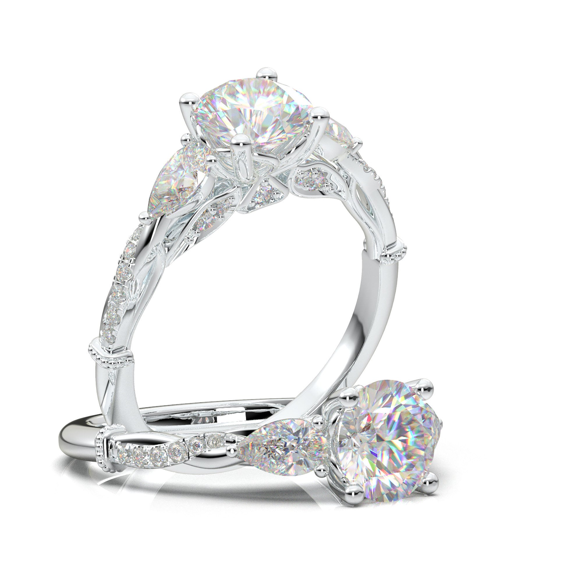 Vintage Engagement Ring/ White Gold Floral Ring/ Infinity Twist Pear Shape Ring/ Milgrain Filigree Ring/ Moissanite Ring Her/ Promise Ring