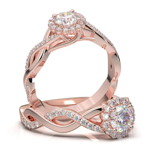 Rose Gold Halo Engagement Ring, Moissanite Ring, Promise Ring, Infinity Twist Ring, Diamond Ring, Forever One Ring, Wedding Ring For Her