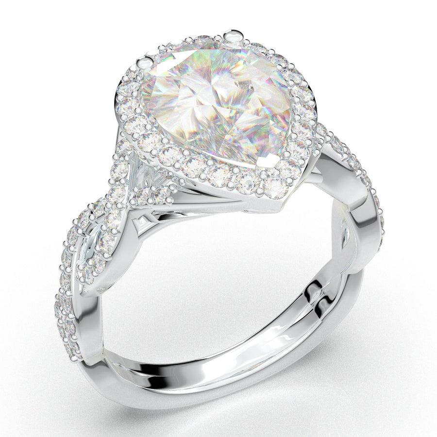 White Gold Pear Halo Engagement Ring, Infinity Twist Ring, 2 Carat Moissanite Ring, Diamond Wedding Ring, Promise Ring For Women, 14K Gift