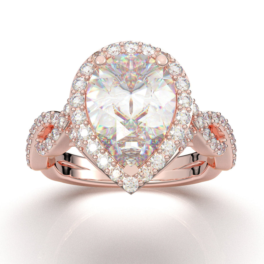Rose Gold Pear Shape Ring, 2 Carat Engagement Ring, Infinity Twist Diamond Ring, Moissanite Ring For Women, Halo Wedding Ring, Gift For Her