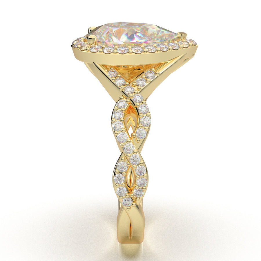 2 Carat Moissanite Ring, Yellow Gold Engagement Ring, Pear Shape Ring, Infinity Twist Diamond Ring, Halo Wedding Ring For Women, 14K Gift