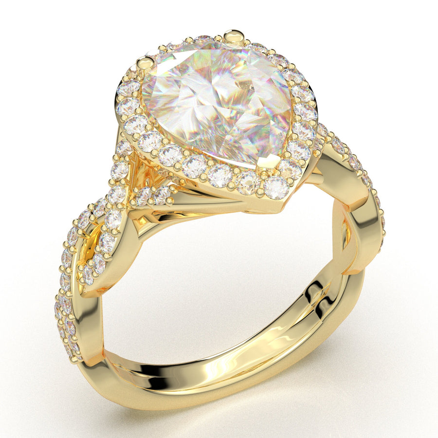 2 Carat Moissanite Ring, Yellow Gold Engagement Ring, Pear Shape Ring, Infinity Twist Diamond Ring, Halo Wedding Ring For Women, 14K Gift