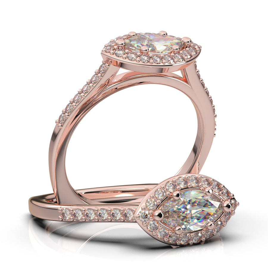 Rose Gold Engagement Ring, Halo Ring For Women, Marquise Diamond Ring, Moissanite Ring, Promise Ring, Unique Setting, 14K Gift For Her