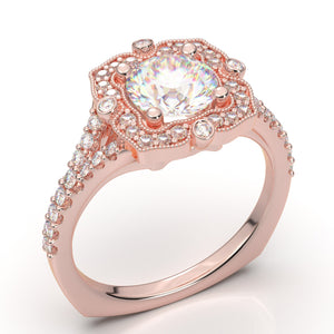Round Halo Engagement Ring - Art Deco Wedding Ring - Halo Ring - Vintage Style Ring - Promise Ring - 14K Rose Gold Ring - 1 Carat