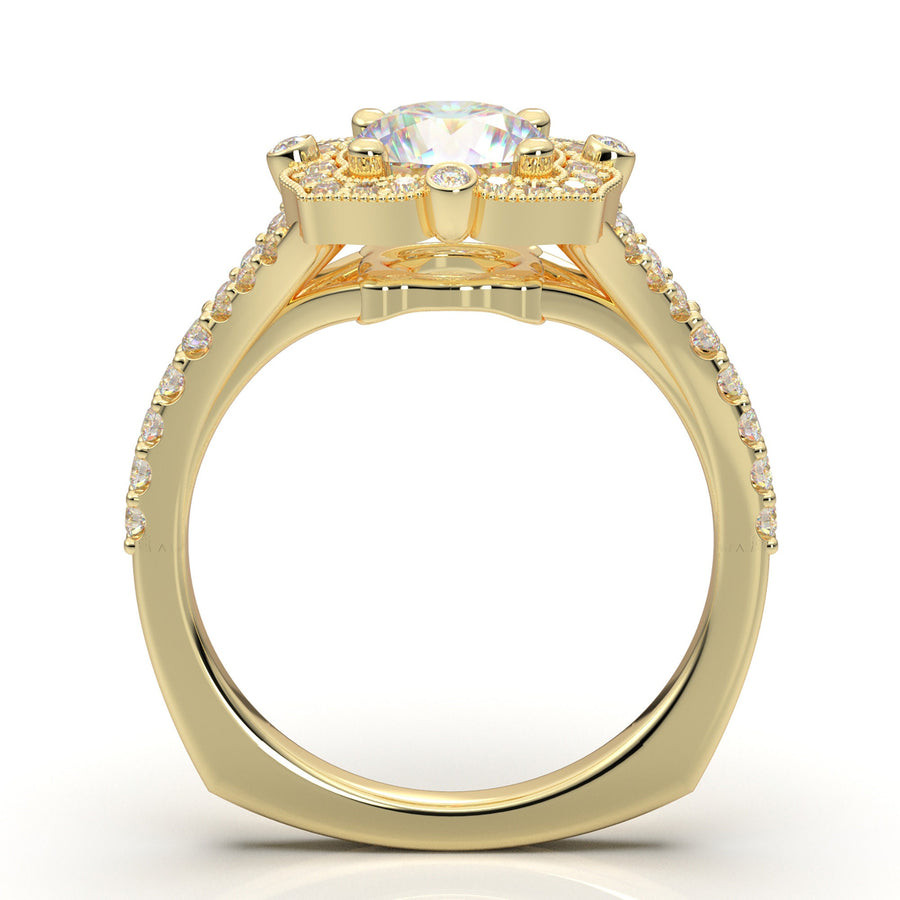 Round Halo Engagement Ring - Art Deco Wedding Ring - Halo Ring - Vintage Style Ring - Promise Ring - 14K Yellow Gold Ring - 1 Carat