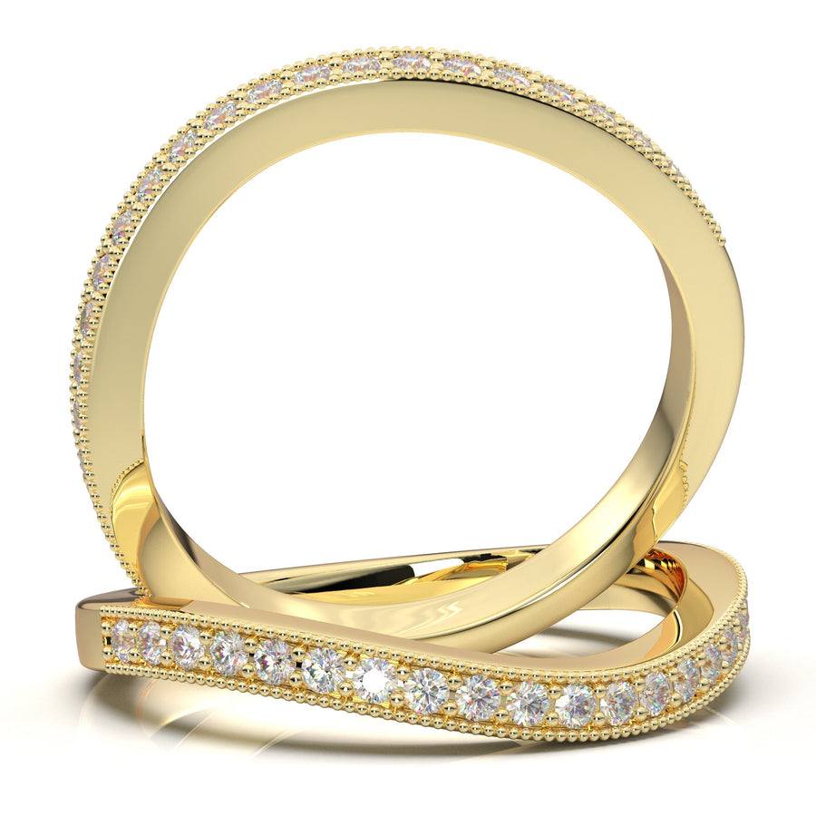 14K Solid Yellow Gold Milgrain Wedding Band, Custom Curved Wedding Band, Art Deco Diamond Wedding Band, Matching Wedding Ring, Stacking Ring