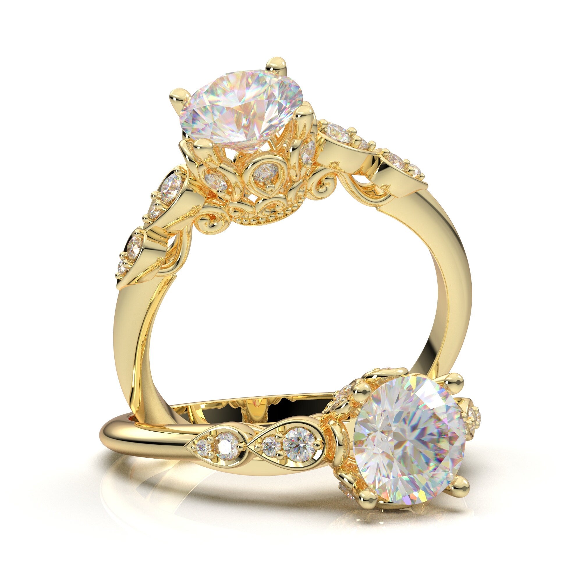 Vintage trillion cut Moissanite engagement ring leaf rose gold solitai –  Ohjewel