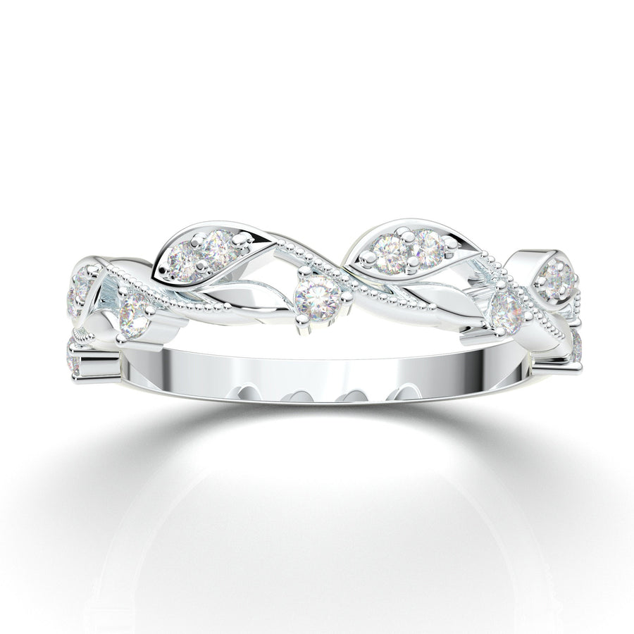 Moissanite Wedding Ring, 14K White Gold Wedding Band, Floral Engraved Band Ring, Botanical Ring, Vintage Milgrain Ring, Wedding Gift For Her