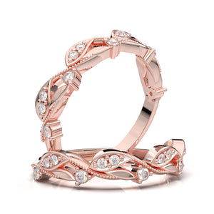 Moissanite Wedding Ring, 14K Rose Gold Wedding Band, Floral Engraved Band Ring, Botanical Ring, Vintage Milgrain Ring, Wedding Gift For Her