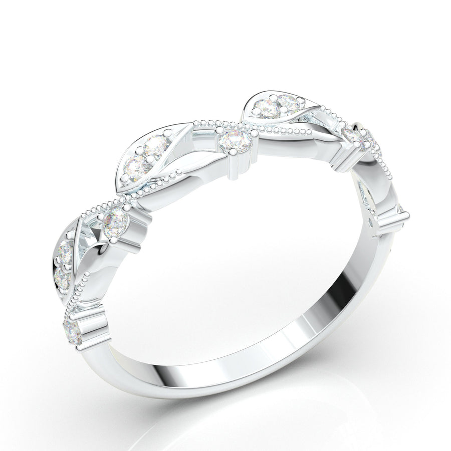 Moissanite Wedding Ring, 14K White Gold Wedding Band, Floral Engraved Band Ring, Botanical Ring, Vintage Milgrain Ring, Wedding Gift For Her