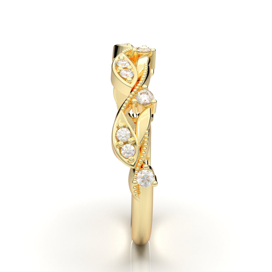 Moissanite Wedding Ring, 14K Yellow Gold Wedding Band, Floral Engraved Ring, Botanical Ring, Vintage Milgrain Ring, Wedding Gift For Her