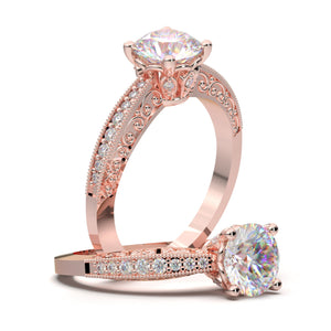 Vintage Milgrain Engagement Ring, 1 Carat Moissanite Ring, Natural Diamond Ring, 14K Solid Rose Gold Ring, Promise Ring, Wedding Ring Her