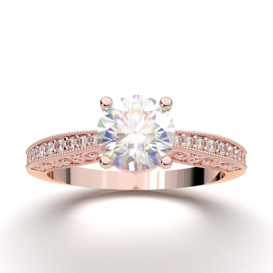 Vintage Milgrain Engagement Ring, 1 Carat Moissanite Ring, Natural Diamond Ring, 14K Solid Rose Gold Ring, Promise Ring, Wedding Ring Her