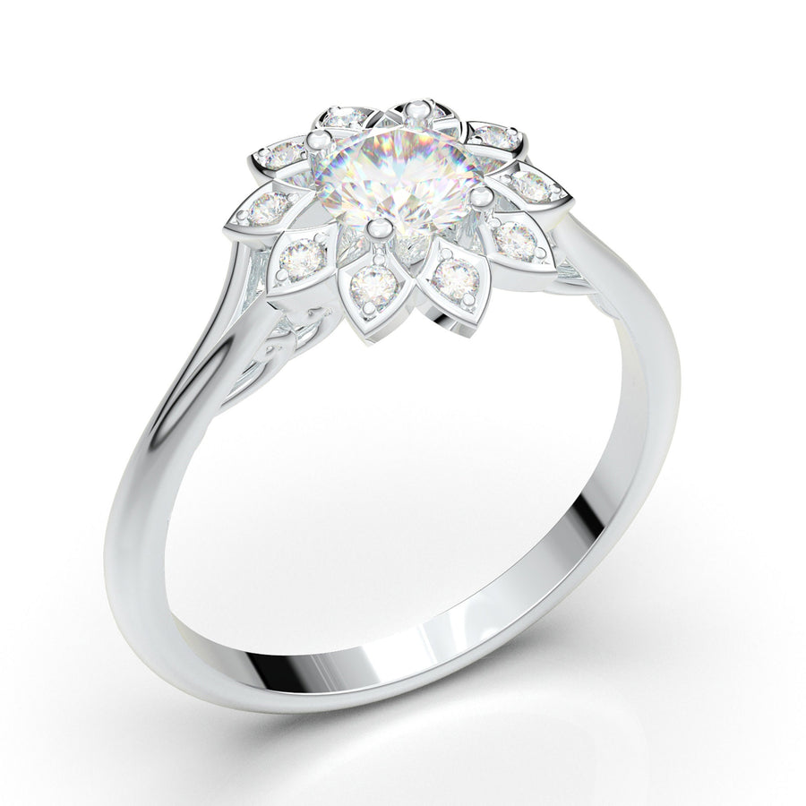 Halo Engagement Ring, Round Diamond Ring, Art Deco Moissanite Ring, 14K White Gold Statement Ring, Promise Ring, 1/2 Carat Vintage Ring Her
