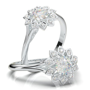 Halo Engagement Ring, Round Diamond Ring, Art Deco Moissanite Ring, 14K White Gold Statement Ring, Promise Ring, 1/2 Carat Vintage Ring Her