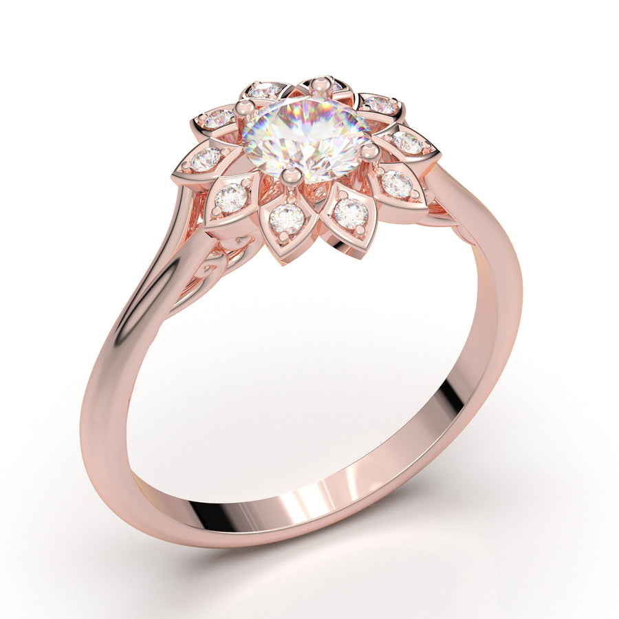 Halo Engagement Ring, 14K Rose Gold Statement Ring, Round Diamond Ring, Art Deco Moissanite Ring, Promise Ring, 1/2 Carat Vintage Ring Her