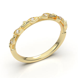 Floral Leaf Wedding Band, Diamond Wedding Ring, 14K Yellow Gold Wedding Band, Botanical Vine Ring, Dainty Vintage Ring, Wedding Gift For Her