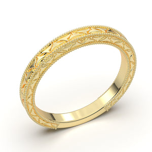 Engraved Wedding Band, Vintage Art Deco Ring, 14K Yellow Gold Ring, Flat Straight Wedding Ring, Antique Style Women's Wedding Band, Gift