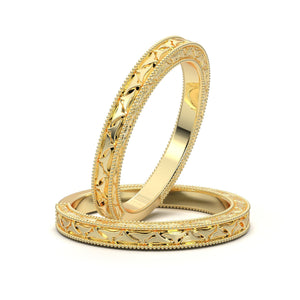 Engraved Wedding Band, Vintage Art Deco Ring, 14K Yellow Gold Ring, Flat Straight Wedding Ring, Antique Style Women's Wedding Band, Gift