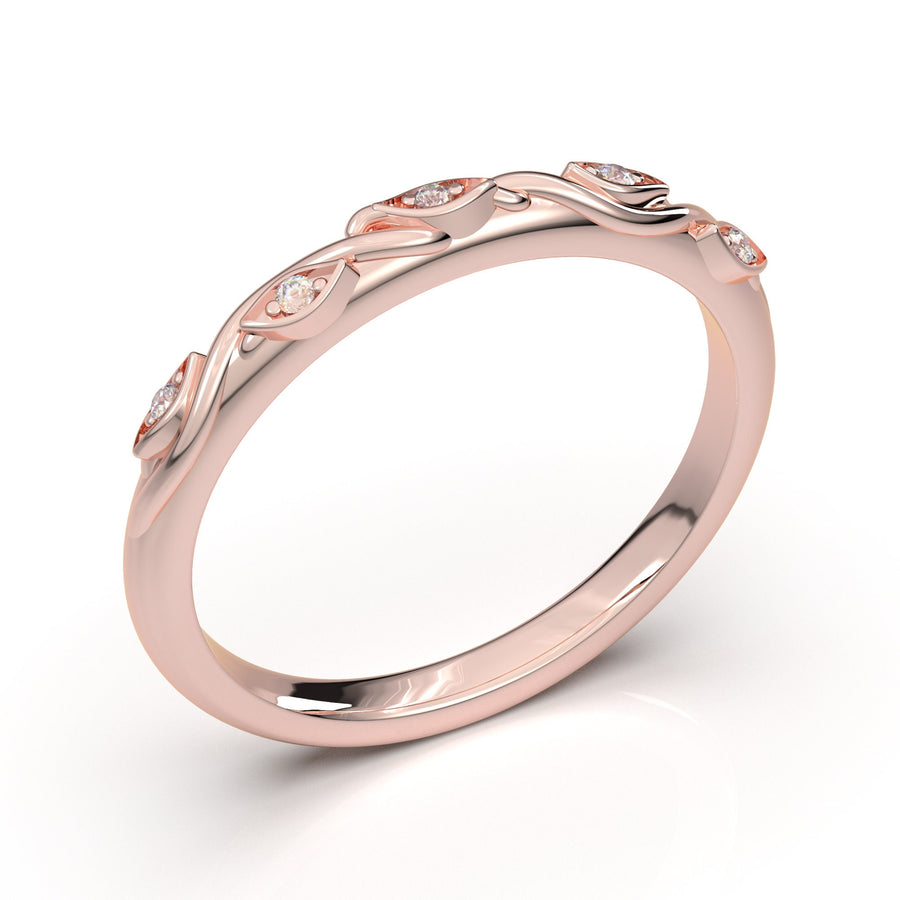 Rose Gold Wedding Band, Stackable Ring, Floral Leaf Band, Vintage Ring, Unique Band, Anniversary Band, Diamond Ring, Gift For Her, 14k Ring