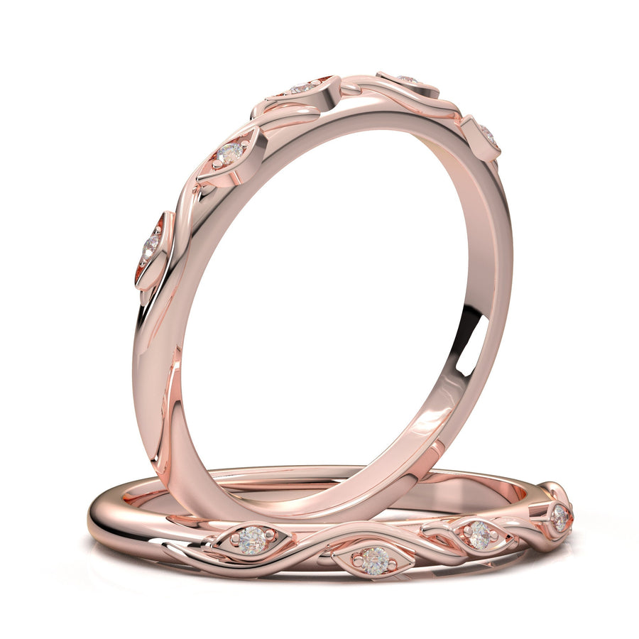 Rose Gold Wedding Band, Stackable Ring, Floral Leaf Band, Vintage Ring, Unique Band, Anniversary Band, Diamond Ring, Gift For Her, 14k Ring