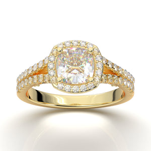 Yellow Gold Engagement Ring, Moissanite Ring, Promise Ring, Diamond Wedding Ring, Cushion Halo Ring, Anniversary Ring, Gift For Her 14K Ring