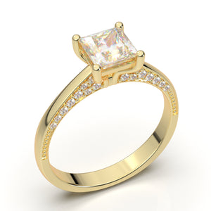 Cluster Engagement Ring, Princess Cut Ring, 14K Yellow Gold Ring, Moissanite Ring For Women, Minimalist Ring For Her, Diamond Wedding Ring