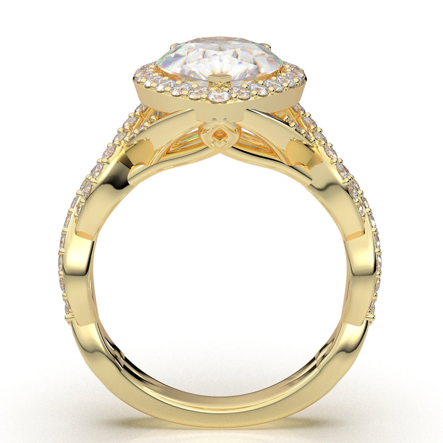 2 Carat Moissanite Ring, Yellow Gold Engagement Ring, Pear Shape Ring, Infinity Twist Diamond Ring, Halo Wedding Ring For Women, 14K Gift