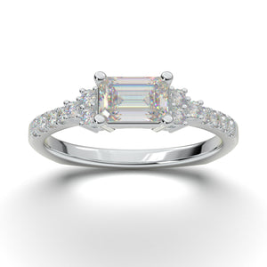 14k Emerald Cut East West Engagement Ring White Gold Ring Forever One Colorless Halo Ring for Her Moissanite Forever One Three-Stone Ring