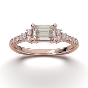 14k Emerald Cut East West Engagement Ring Rose Gold Ring Forever One Colorless Halo Ring for Her Moissanite Forever One Three-Stone Ring