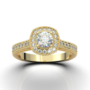 Yellow Gold Engagement Ring Women, Art Deco Ring, Diamond Halo Wedding Ring, Promise Ring, Moissanite Ring for Her, Vintage Anniversary Gift