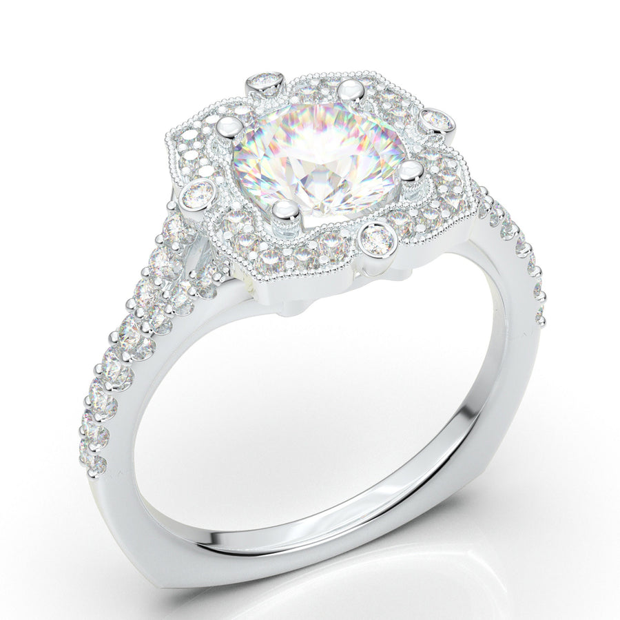 Round Halo Engagement Ring - Art Deco Wedding Ring - Halo Ring - Vintage Style Ring - Promise Ring - 14K White Gold Ring - 1 Carat