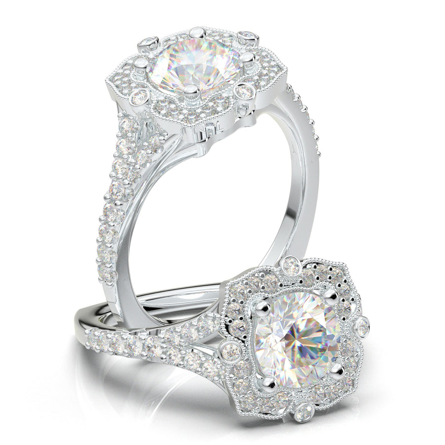 Round Halo Engagement Ring - Art Deco Wedding Ring - Halo Ring - Vintage Style Ring - Promise Ring - 14K White Gold Ring - 1 Carat
