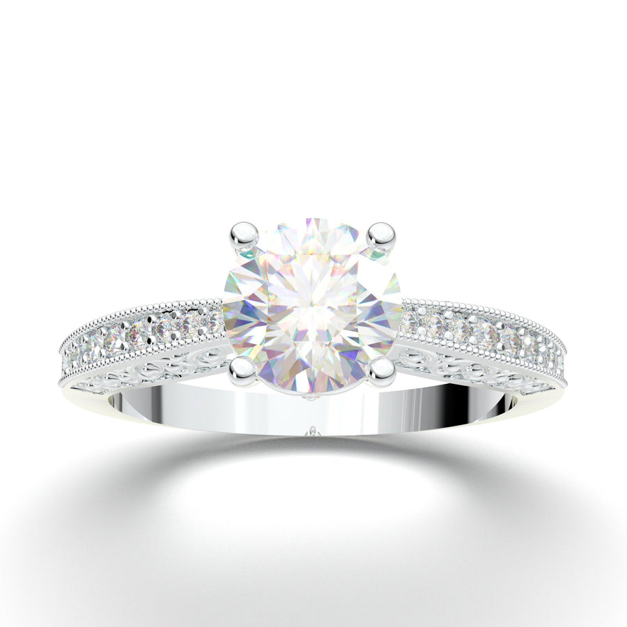 Vintage Milgrain Engagement Ring, 1 Carat Moissanite Ring, Natural Diamond Ring, 14K Solid White Gold Ring, Promise Ring, Wedding Ring Her