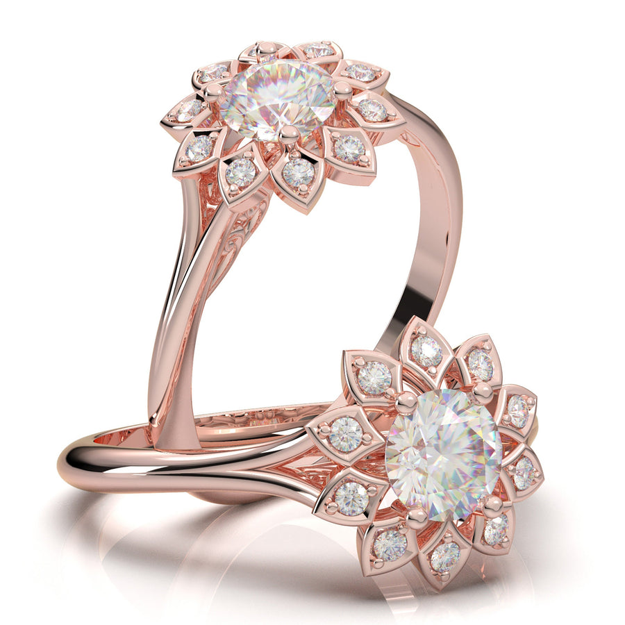 Halo Engagement Ring, 14K Rose Gold Statement Ring, Round Diamond Ring, Art Deco Moissanite Ring, Promise Ring, 1/2 Carat Vintage Ring Her