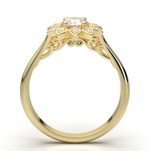 Halo Engagement Ring, Round Diamond Ring, Art Deco Moissanite Ring, 14K Yellow Gold Statement Ring, Promise Ring, 1/2 Carat Vintage Ring Her