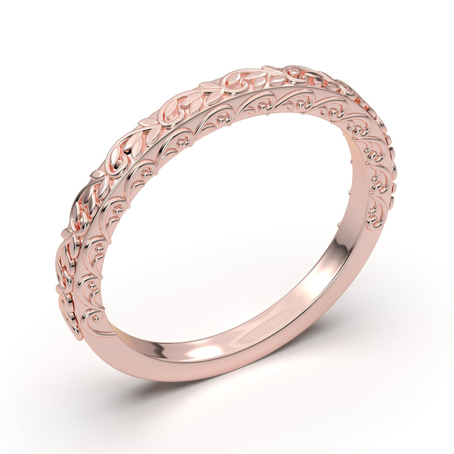Antique Filigree Ring, Floral Engraving Wedding Band, Women Wedding Ring, Rose Gold Vintage Inspired Ring, Matching Anniversary Ring, 14K